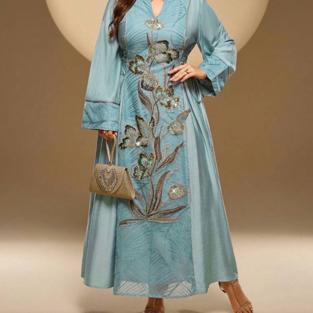 Dubai Light Sage Embroidered Sequin long dress